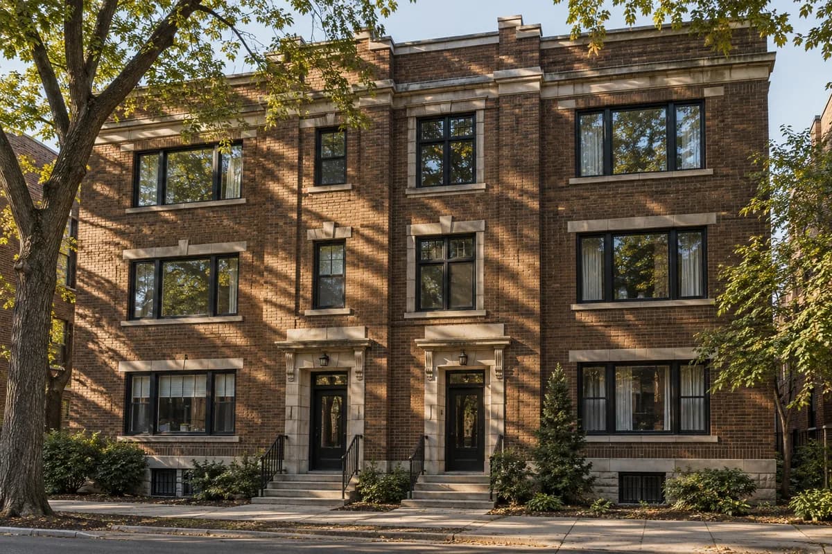 Brick rental building on a tree-lined Canadian street